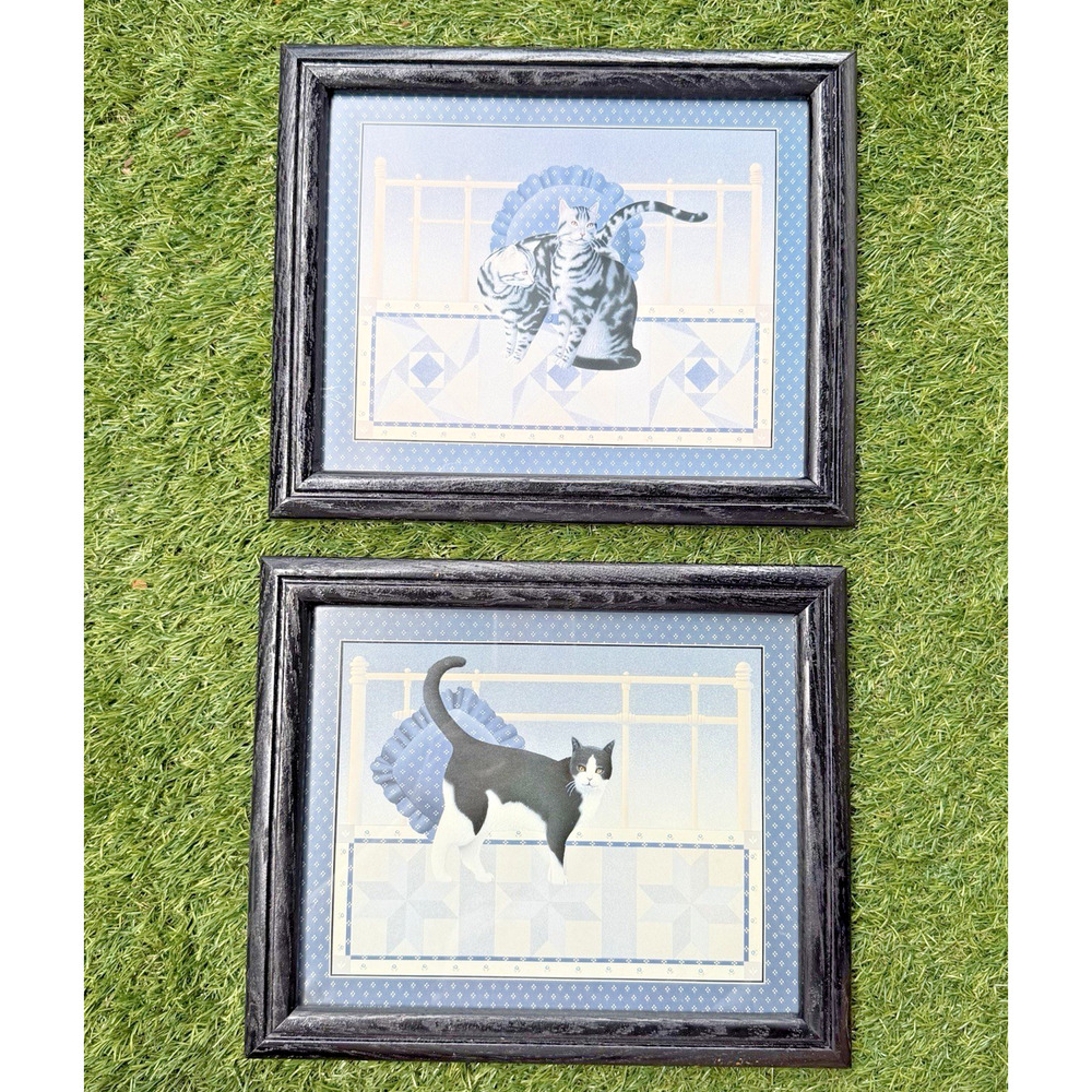 Vintage Framed Cat Prints Pair Black Wood Frames Blue Cottagecore Wall Art Flaw